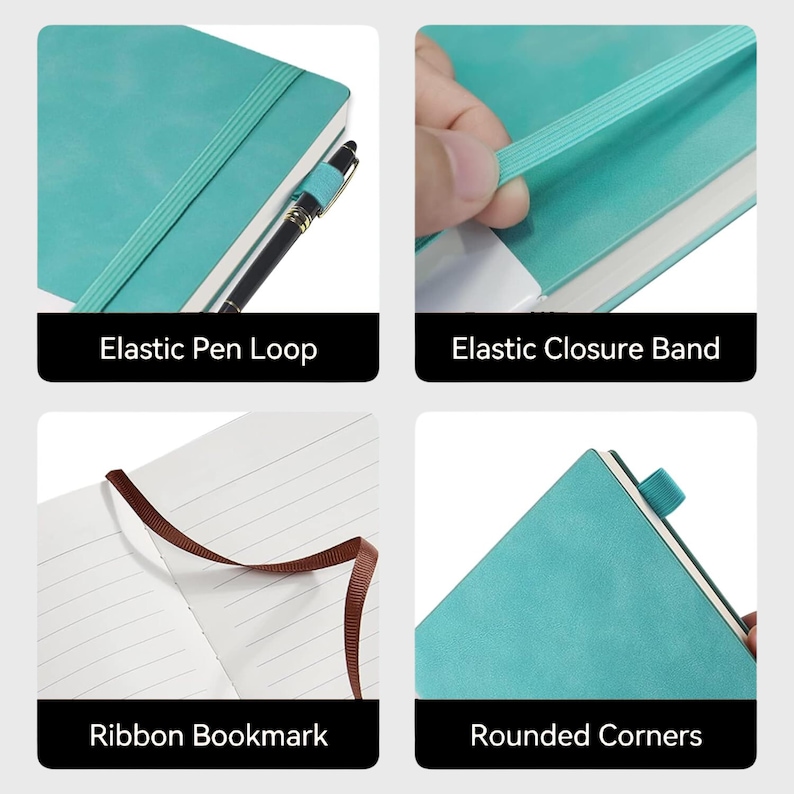 May include: A turquoise blue notebook with rounded corners, an elastic pen loop, an elastic closure band, and a brown ribbon bookmark.
