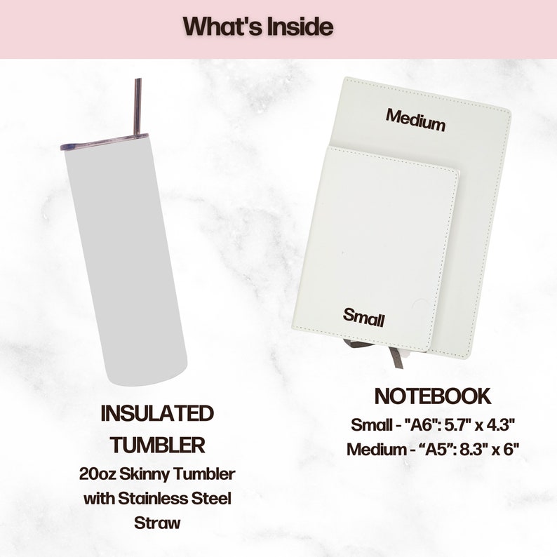 Pode incluir: Um copo t&eacute;rmico branco com um canudo de a&ccedil;o inoxid&aacute;vel e um caderno branco com as palavras "Small" e "Medium" impressas nele. Os tamanhos do caderno s&atilde;o indicados como "Small - "A6": 5,7" x 4,3" e "Medium - "A5": 8,3" x 6"