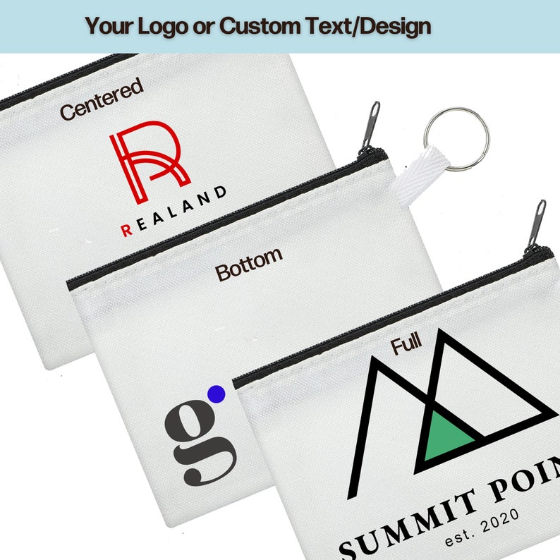 May include: Three white zippered pouches with different designs. The first pouch has a red "R" with the text "REALAND" below it. The second pouch has a black "g" with a blue dot. The third pouch has a black triangle with a green triangle inside and the text "SUMMIT POIN est. 2020" below it.