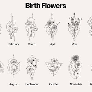 Pode incluir: Uma ilustra&ccedil;&atilde;o em preto e branco de flores de nascimento para cada m&ecirc;s do ano. Janeiro: Campainhas, Fevereiro: Violeta, Mar&ccedil;o: Narciso, Abril: Margarida, Maio: L&iacute;rio do Vale, Junho: Rosa, Julho: L&iacute;rio d'&aacute;gua, Agosto: Papoula, Setembro: Gl&oacute;ria-da-manh&atilde;, Outubro: Cosmos, Novembro: Cris&acirc;ntemo, Dezembro: Azevinho.