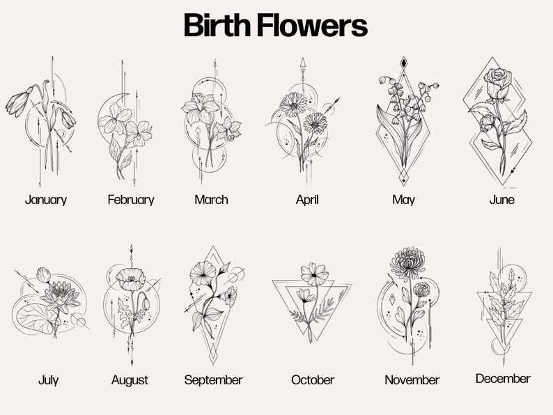 Pode incluir: Uma ilustra&ccedil;&atilde;o em preto e branco de flores de nascimento para cada m&ecirc;s do ano. Janeiro: Campainhas, Fevereiro: Violeta, Mar&ccedil;o: Narciso, Abril: Margarida, Maio: L&iacute;rio do Vale, Junho: Rosa, Julho: L&iacute;rio d'&aacute;gua, Agosto: Papoula, Setembro: Gl&oacute;ria-da-manh&atilde;, Outubro: Cosmos, Novembro: Cris&acirc;ntemo, Dezembro: Azevinho.