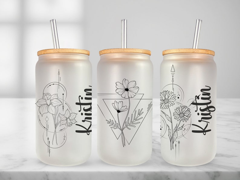 Floral Design with Birth Flower Cup Flower Glass Tumbler Bridesmaid Gift
