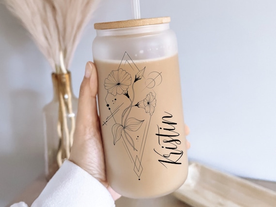Personalized Glass with Name Gift for Mom Custom Coffee Mug Floral Design with Birth Flower Cup Flower Glass Tumbler Bridesmaid Gift