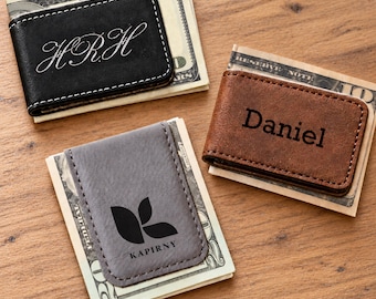 Personalized Leather Magnetic Money Clip Custom Engraved Gift for Him Corporate Holiday Present Slim Wallet Stocking Stuffer Cash Holder