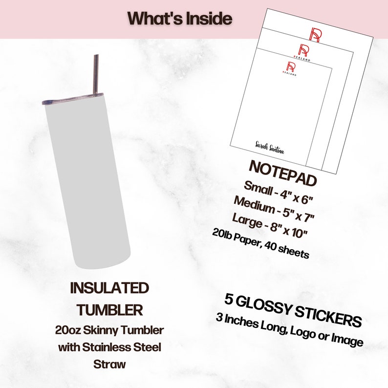 Peut inclure: Un gobelet isotherme blanc avec une paille en acier inoxydable, un bloc-notes avec le texte "Sarah Savilina" et "NOTEPAD" et un ensemble de 5 autocollants brillants. Le bloc-notes est disponible en trois tailles&nbsp;: petit (4&nbsp;x&nbsp;6&nbsp;po), moyen (5&nbsp;x&nbsp;7&nbsp;po) et grand (8&nbsp;x&nbsp;10&nbsp;po). Les autocollants mesurent 3&nbsp;pouces de long et peuvent pr&eacute;senter un logo ou une image.