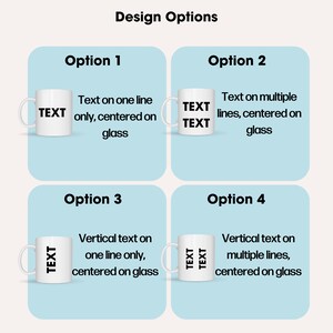 May include: Four design options for a white mug with the word "TEXT" printed on it. Option 1 shows the text on one line, centered on the mug. Option 2 shows the text on multiple lines, centered on the mug. Option 3 shows the text vertically on one line, centered on the mug. Option 4 shows the text vertically on multiple lines, centered on the mug.