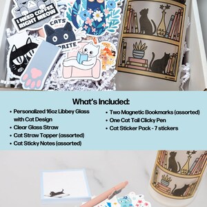 May include: A gift box filled with cat-themed stationery and accessories. The box includes a clear glass with a cat design, a straw, a straw topper, sticky notes, a pen, and magnetic bookmarks. The text on the stickers reads "I need coffee right meow" and "Favourite".