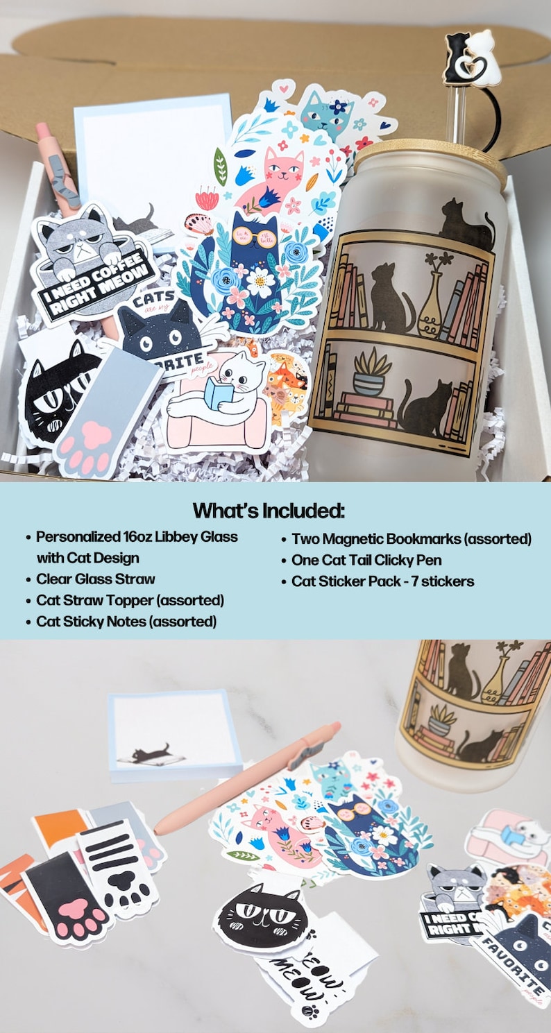 May include: A gift box filled with cat-themed stationery and accessories. The box includes a clear glass with a cat design, a straw, a straw topper, sticky notes, a pen, and magnetic bookmarks. The text on the stickers reads "I need coffee right meow" and "Favourite".