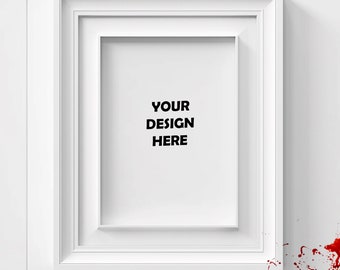Blank white frame muck-up with blood splatter on the wall