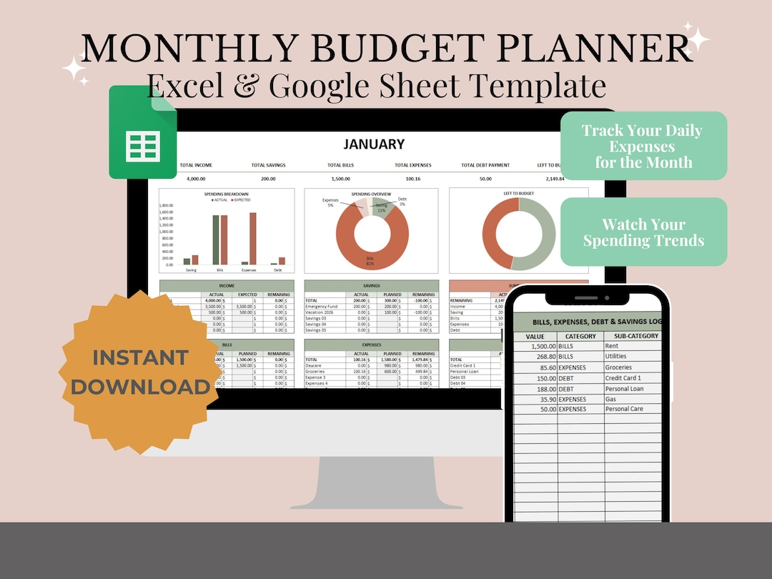 Monthly Budget Spreadsheet Excel   Google Sheets Expense Tracker