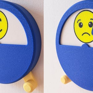 May include: Two blue round emotion dials with a yellow smiley face and a yellow sad face with a tear. The dials have a white background and a yellow knob.