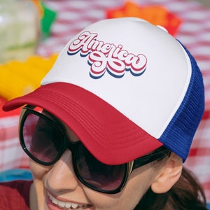 Retro America Trucker Cap, Snap Back Mesh Trucker Hat, Snap Back Cap, Mesh Baseball Cap, July 4th, Memorial Day, Dad Hat, Patriotic Hat