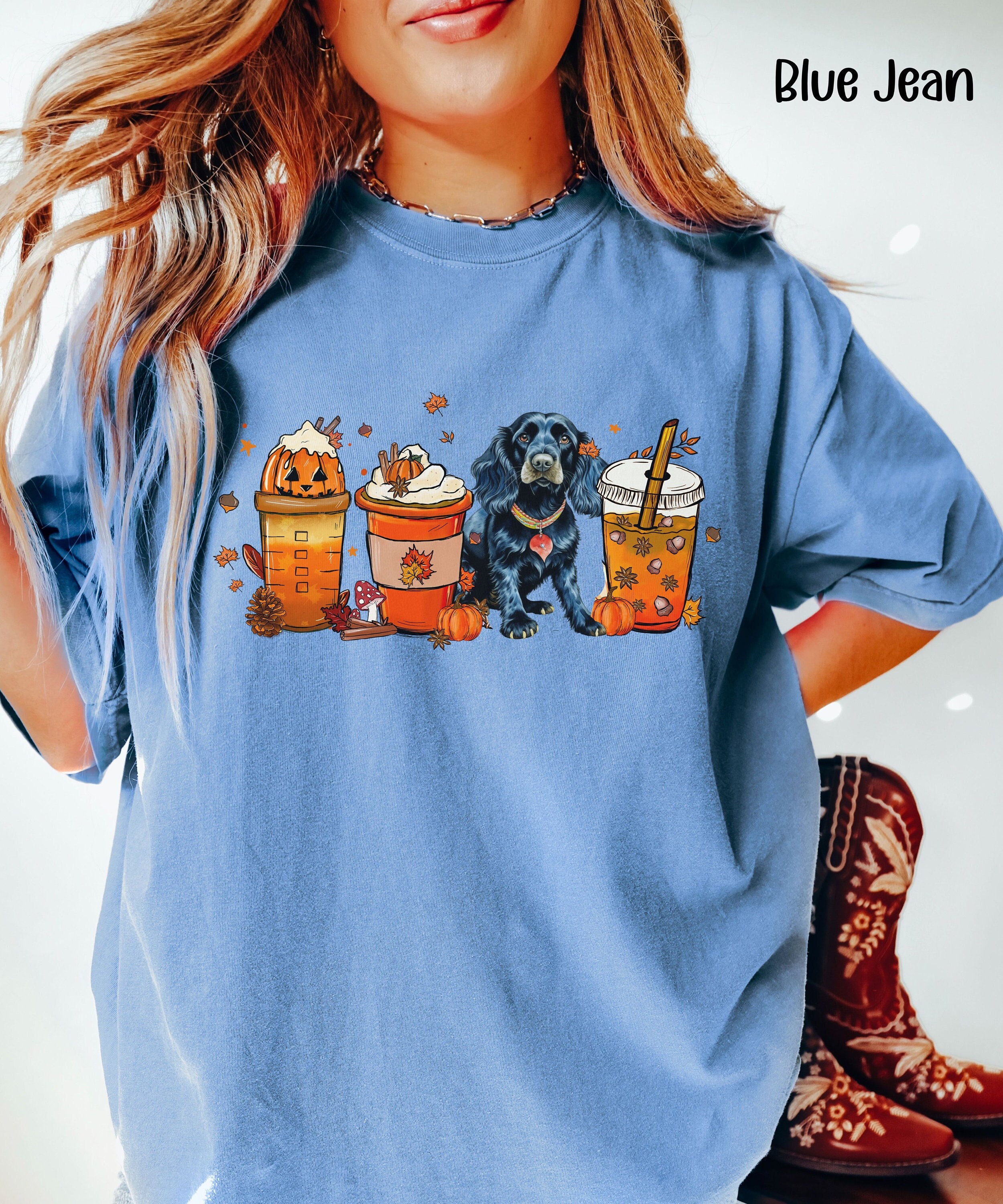 Fall Coffee and Cocker Spaniel, Coffee Shirt, Cocker and Latte Shirt Spaniel Pumpkin Spice Season Fall Vibes Pumpkins Leaf Peeping Hayrides