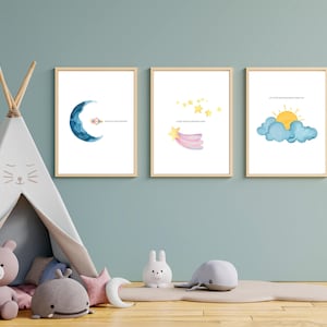 Lámina artística Sol Luna Estrellas Universo DIN A4 DIN A5 Regalo para habitación infantil Nacimiento Universo Cuerpo celeste Arte de pared Póster para habitación infantil Frase