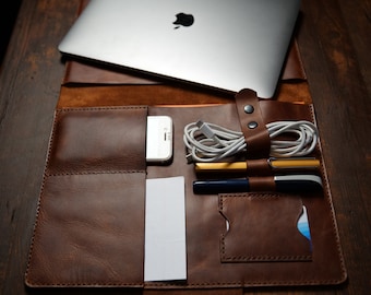 Organizador portátil de cuero hecho a mano para macbook computer laptop business case