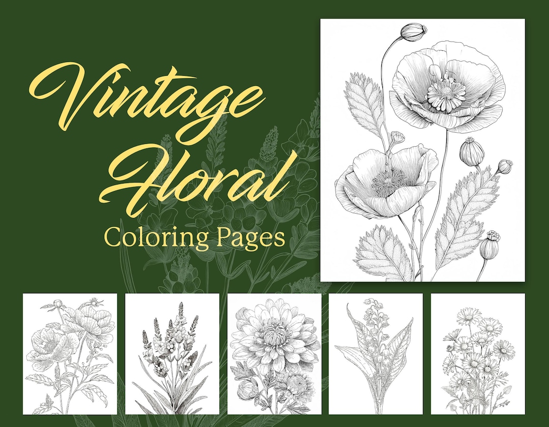 10 Vintage Floral Coloring Pages Downloadable Art Printable Home Decor ...