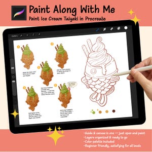 Pode incluir: Um tablet digital exibindo um tutorial do Procreate intitulado Paint Along With Me: Paint Ice Cream Taiyaki in Procreate. A tela mostra cinco ilustrações passo a passo de um taiyaki de sorvete de matcha, um contorno e uma paleta de cores.