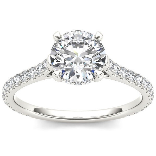 14K Gold Diamond Trellis Engagement Ring Setting | Hidden Halo Setting | Setting for Round Center Stone | Anniversary Ring | Sterling Sliver