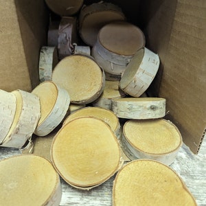 May include: A box filled with natural birch wood slices. The slices are various sizes and shapes, with a light brown colour and a natural wood grain pattern.
