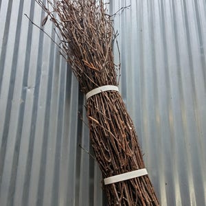 May include: A bundle of brown twigs, secured with a white band. The twigs are of different lengths and textures, giving a natural, rustic look. The background is a corrugated metal surface.
