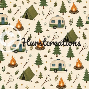 May include: A seamless pattern on a cream background featuring illustrations of green tents, vintage-style campers, campfires with orange flames, and marshmallows on sticks, interspersed with pine trees, small rocks, and stars. Text reads Hurstcreations.