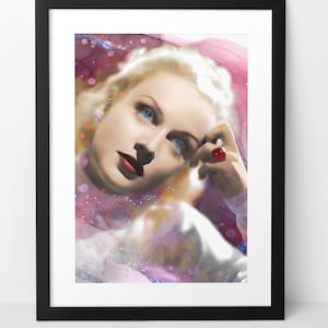 May include: A framed art print featuring a vintage portrait of a woman with blonde hair and blue eyes. She wears a white top and a large red ring. The background has pink and purple watercolor-like splashes.