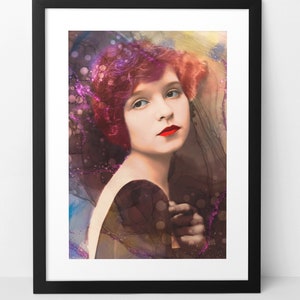 The IT girl flapper wall art print poster. 1920s old Hollywood silent movie star actress. Home decor colorful eclectic artwork. Classic film