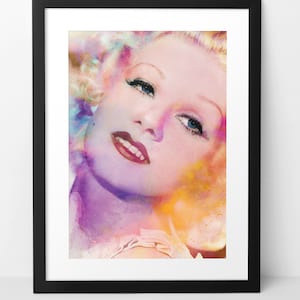 May include: A framed watercolor portrait of a woman with blonde hair, blue eyes, and red lipstick. The artwork features a vibrant color palette of pink, purple, yellow, and orange hues. The portrait is set against a white background.