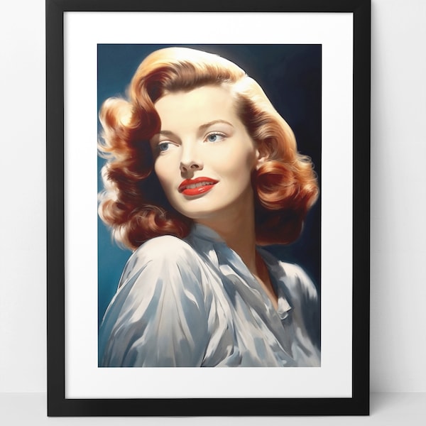 Katharine Hepburn original illustration wall art print poster. 1930s & 1940s Hollywood movie star actress legend. Home decor artwork.