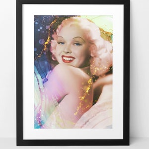 May include: A vintage-style portrait of a woman with blonde hair and bright red lipstick. The image is digitally altered with a colorful, abstract background.