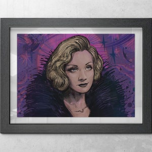 Marlene Dietrich original wall art portrait illustration. German old Hollywood movie star actress of the 1920s & 1930s. Home decor artwork