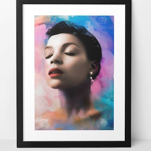 May include: A woman with her eyes closed, wearing a pearl earring, is surrounded by a colorful abstract background. The background is a mix of pink, blue, and purple hues.