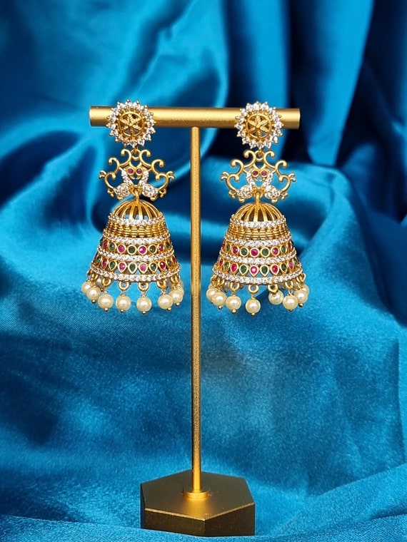 Gold Jhumka Earrings With Vibrant Stones Etsy