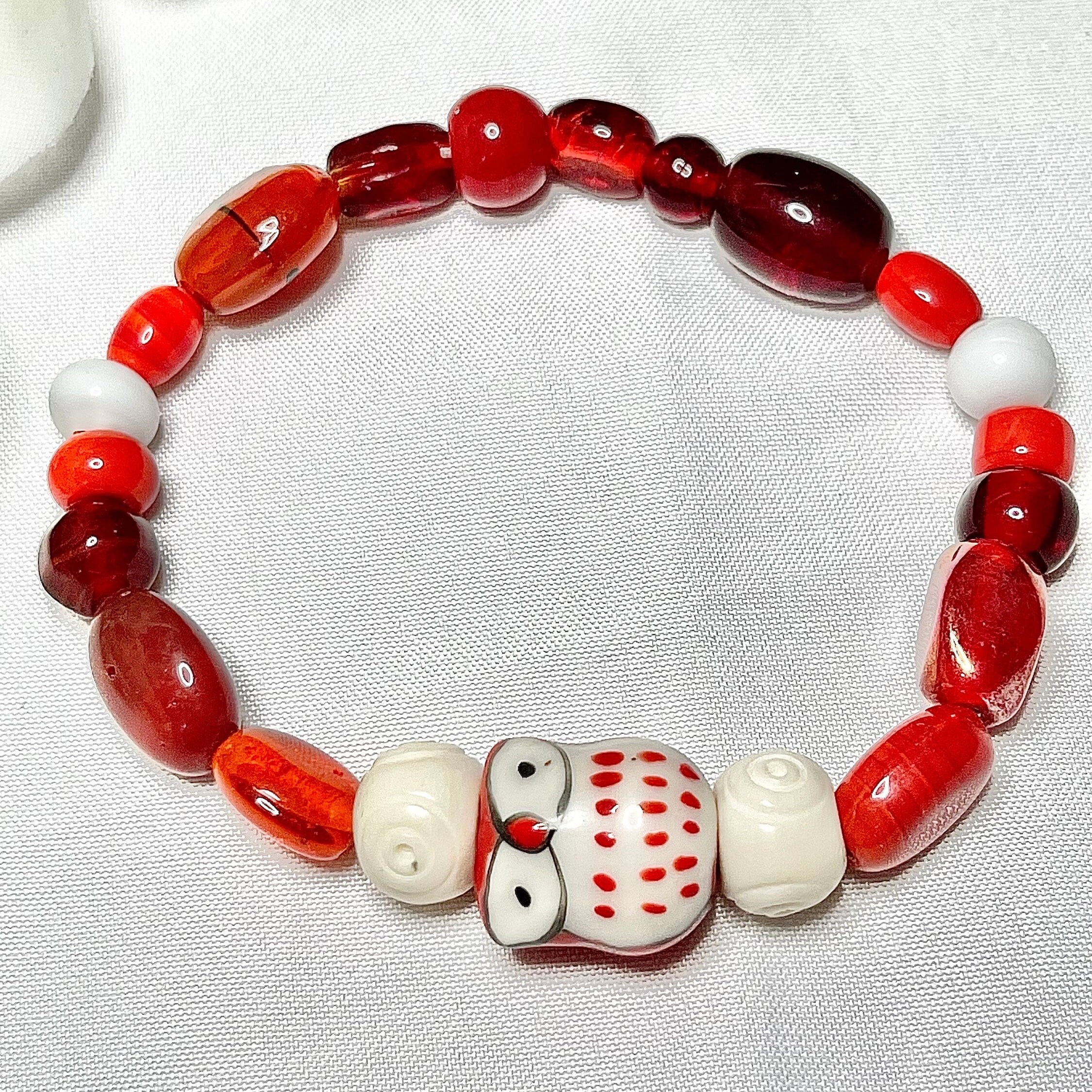 Red Ceramic Owl Bracelet: Beaded Stretch Jewelry