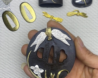 Handmade Copper Katana Tsuba Set: Gilt-Silver Samurai Sword Fittings