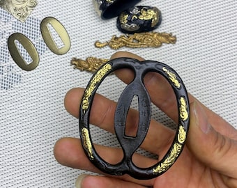 Handmade Copper Katana Tsuba Set: Gilt-Silver Samurai Sword Guard