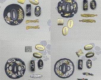 Gold and silver plating Tsuba guard DIY Katana Tsuba Include Habaki Seppa Fuchi Menuki Kashira Handmade Japanese Samurai Sword Accessories