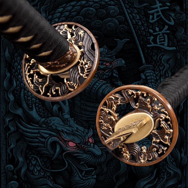 Handmade Black Katana: Wave Theme Japanese Samurai Sword