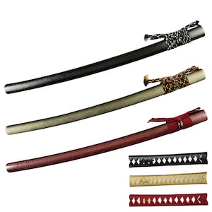 May include: Three different styles of sword scabbards with black, brown, and red leather coverings. The scabbards are decorated with different colored cords and tassels. There are also three close-up images of the scabbard coverings.