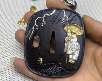 Handmade Copper Katana Tsuba: Samurai Sword Guard with Gold & Silver