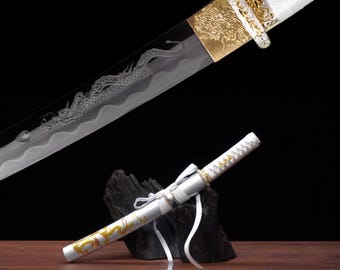 Handmade Katana: Gold Dragon Tanto, White Sheath, Samurai Sword
