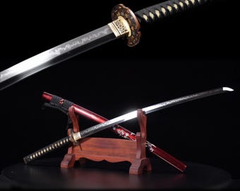 Handmade T10 Steel Katana: Red Samurai Sword With Gold Tsuba