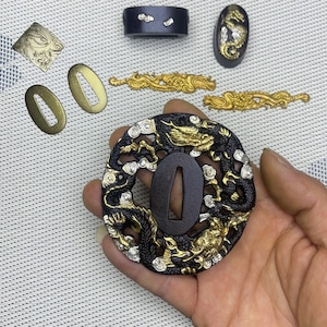 DIY Katana Tsuba Dragon Theme Tsuba Guard Include Habaki Seppa Fuchi Menuki Kashira Handmade Japanese Samurai Sword Accessories
