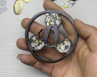 Handmade Copper Katana Tsuba: Eagle Theme, Gold & Silver Plated