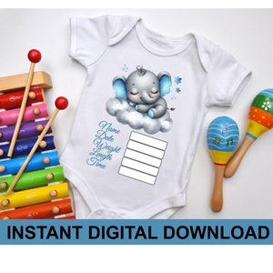 Annuncio di nascita di un simpatico elefante per sublimazione, annuncio di nascita di un bambino PNG, tutina per neonato con simpatico elefante per bambino,
