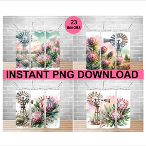 May include: Set of three sublimation tumbler designs featuring a watercolor illustration of a windmill and pink protea flowers. The designs are perfect for creating custom tumblers for any occasion.