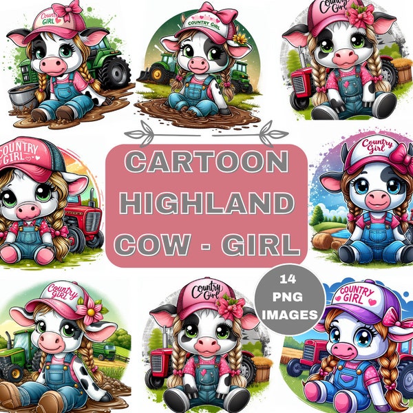 Cute Cartoon Highland Girl Cows PNG, 14 Country Girl PNG, Farm Life For Girls, Cow Farm Girl Cartoon, Digital Designs,