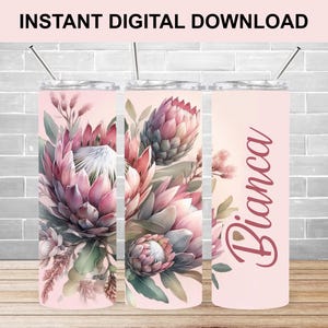 Protea Skinny Tumbler, Sublimation template, Pink Floral 20oz Skinny tumbler sublimation design, Digital Download, PNG
