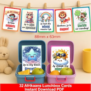 Afrikaans Lunchbox Kaartjies für Kinders | Afrikaans Lunchbox Karten | Niedliche Lunchbox Printable Notes PDF | Positive Noten für Kinder