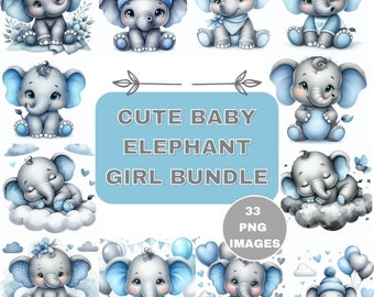 Blue & Grey Baby Elephant PNG Bundle: Nursery Decor (Digital Download)